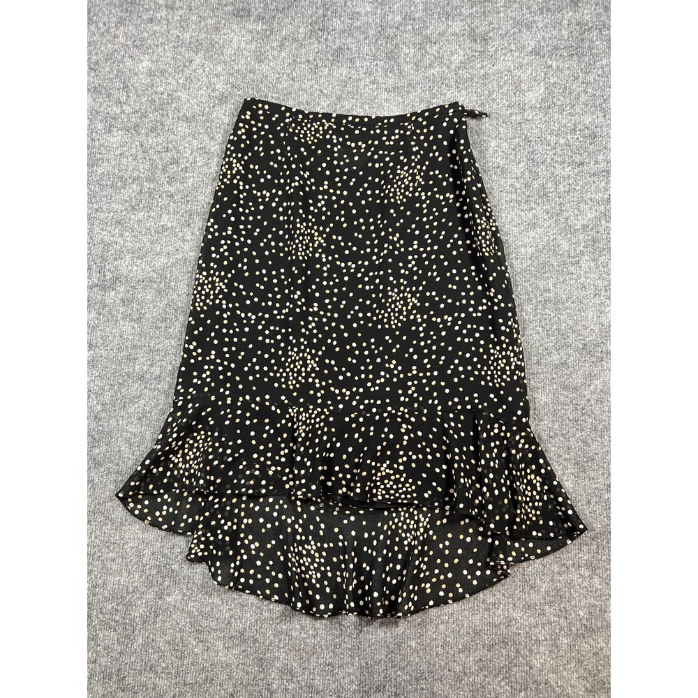 Talbots Flare Midi Skirt Womens 8 Petite Black White Polka Dot Silk Side Zip